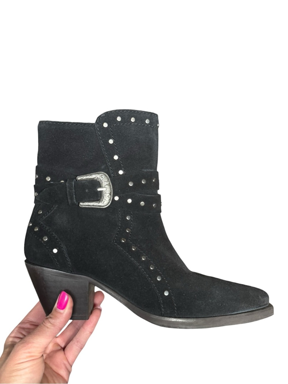 Crown Vintage Black Studded Western Ankle Boots Sz 7M Suede Buckle Moto Cowboy